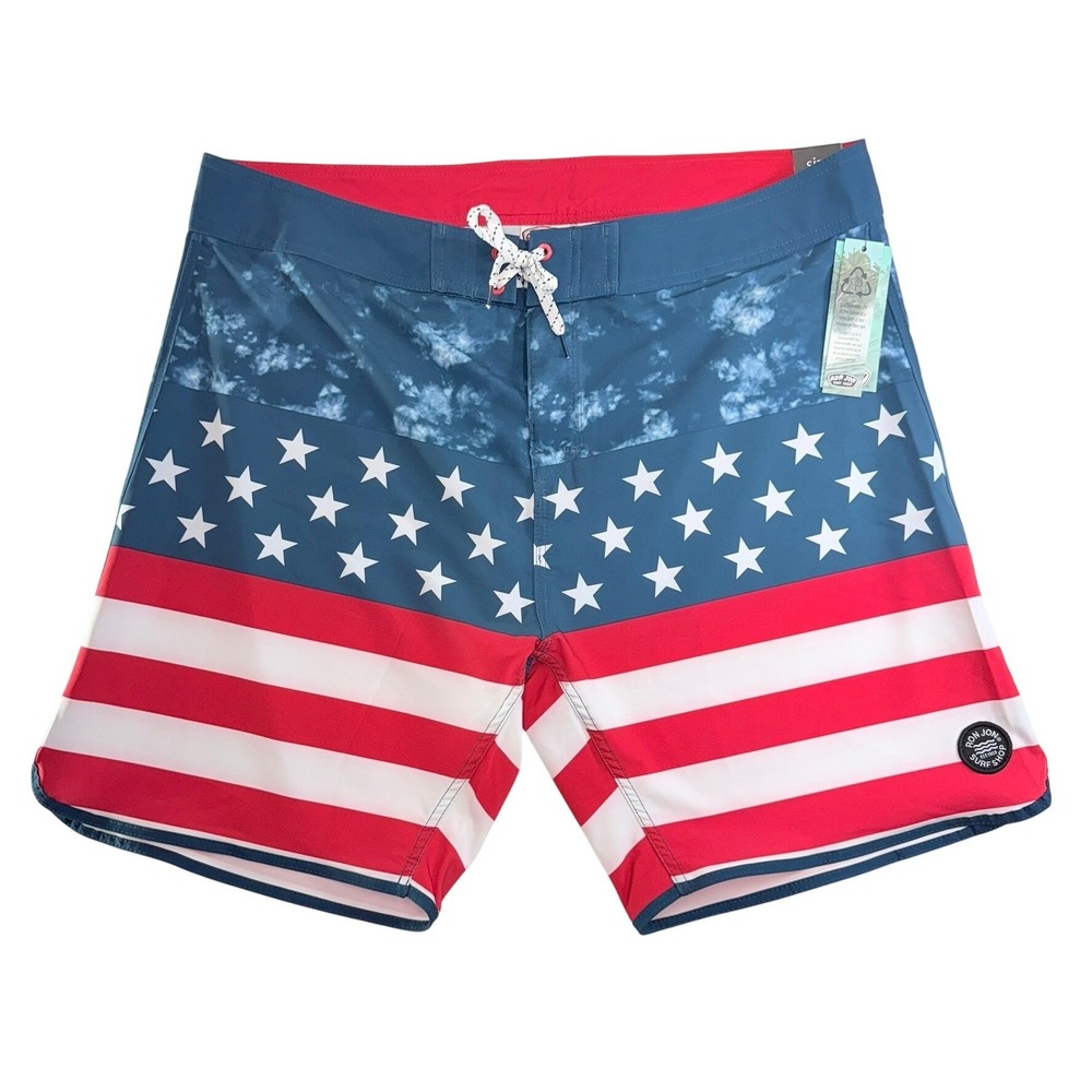 Ron Jon Board Shorts Mens 38 Blue Red American Flag Stars Stripes Swim Trunks